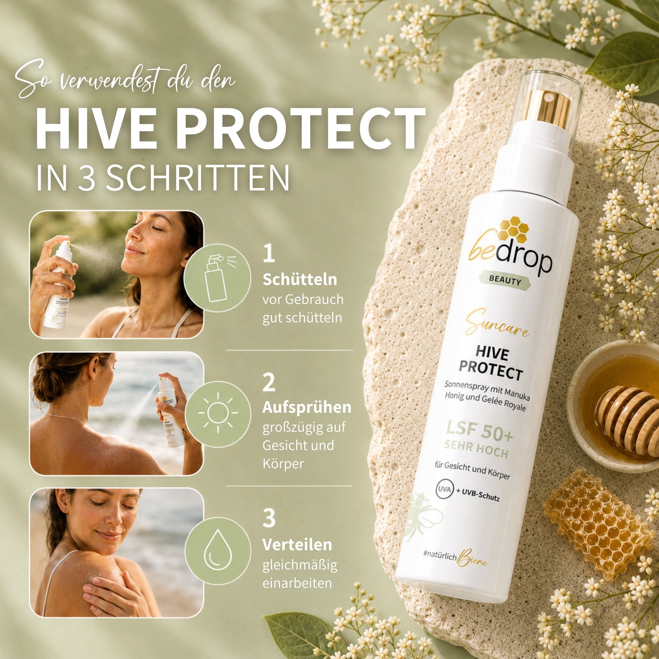 HIVE PROTECT SPF 50+ sun spray with manuka honey and royal jelly, sun protection for face & body - 200 ml