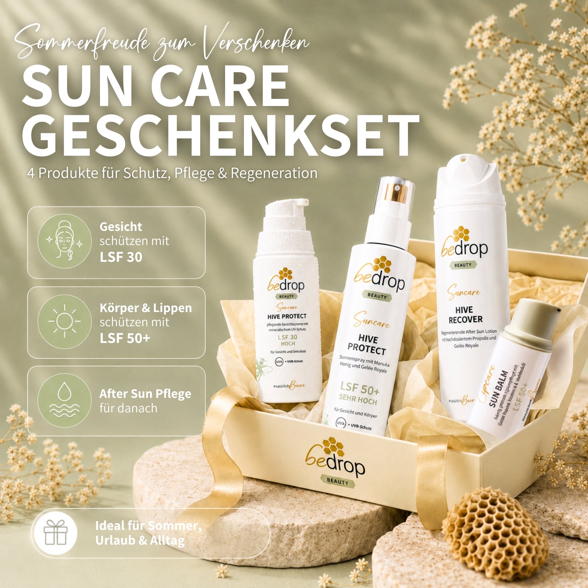 Sun Care Set: Sun Balm Lip Care, Hive Protect Face Cream/Sunscreen + Sun Spray & After-Sun, SPF 30 & SPF 50+