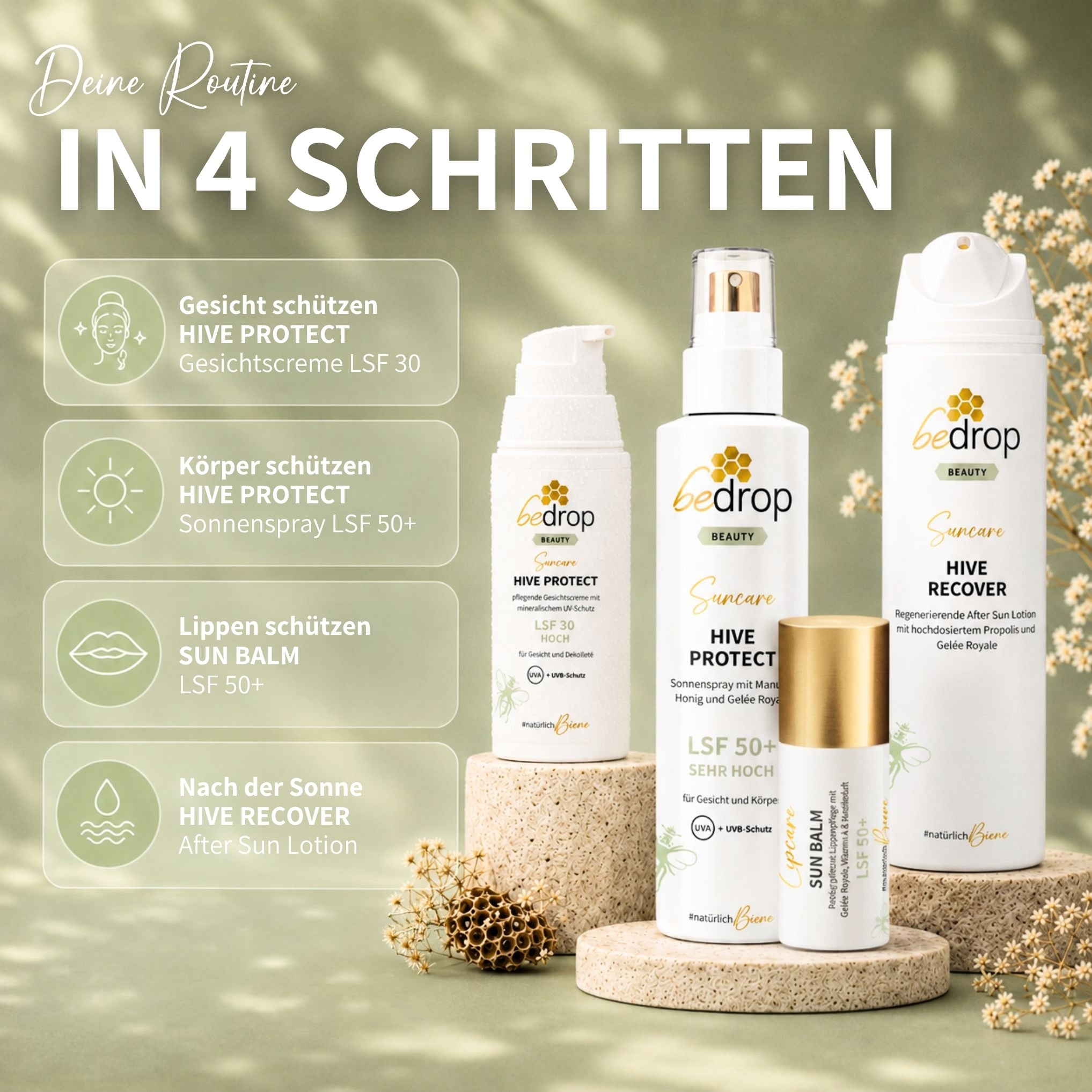 Sun Care Set: Sun Balm Lip Care, Hive Protect Face Cream/Sunscreen + Sun Spray & After-Sun, SPF 30 & SPF 50+