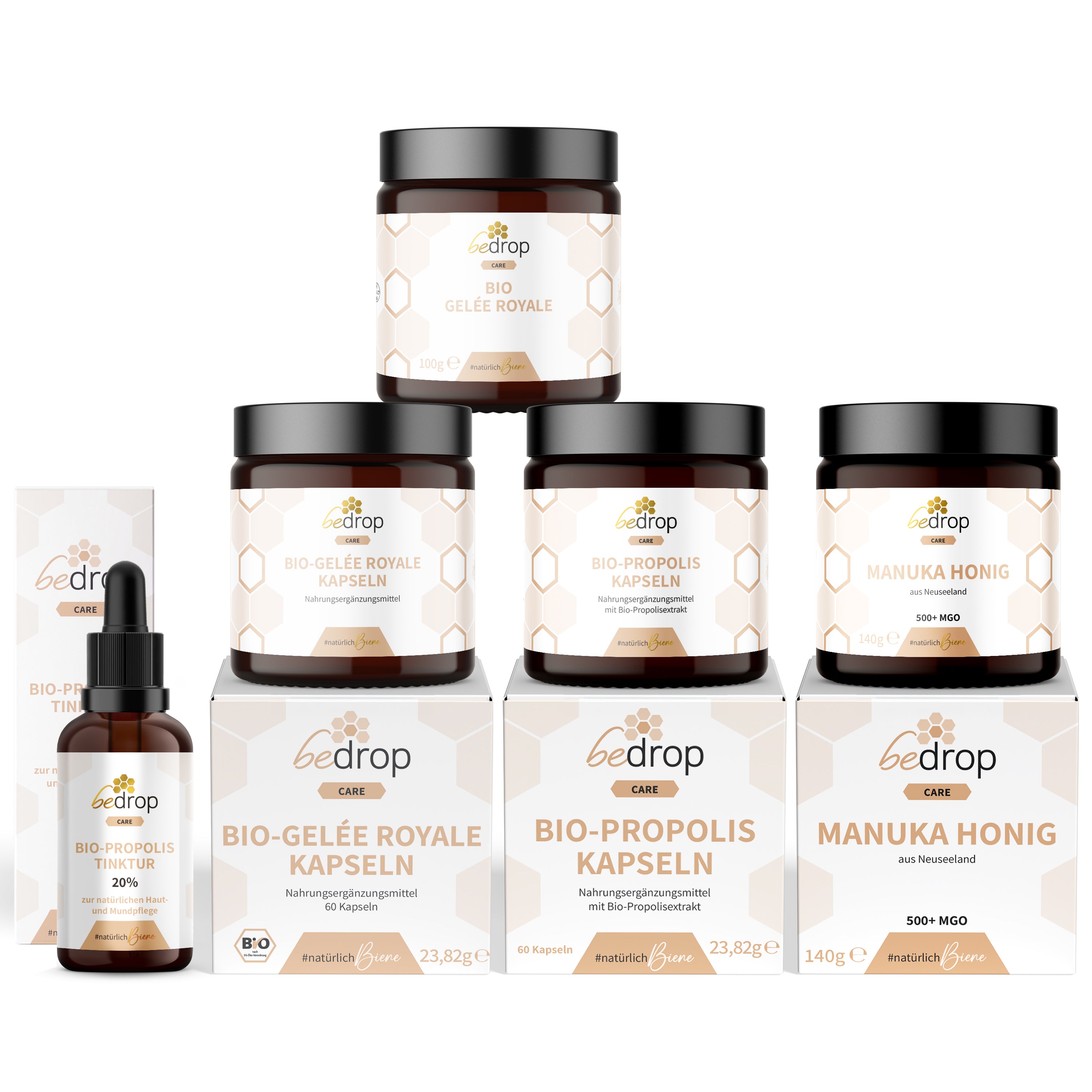 The all-rounder set | propolis capsules & 20% tincture + royal jelly capsules & pure/fresh + manuka honey