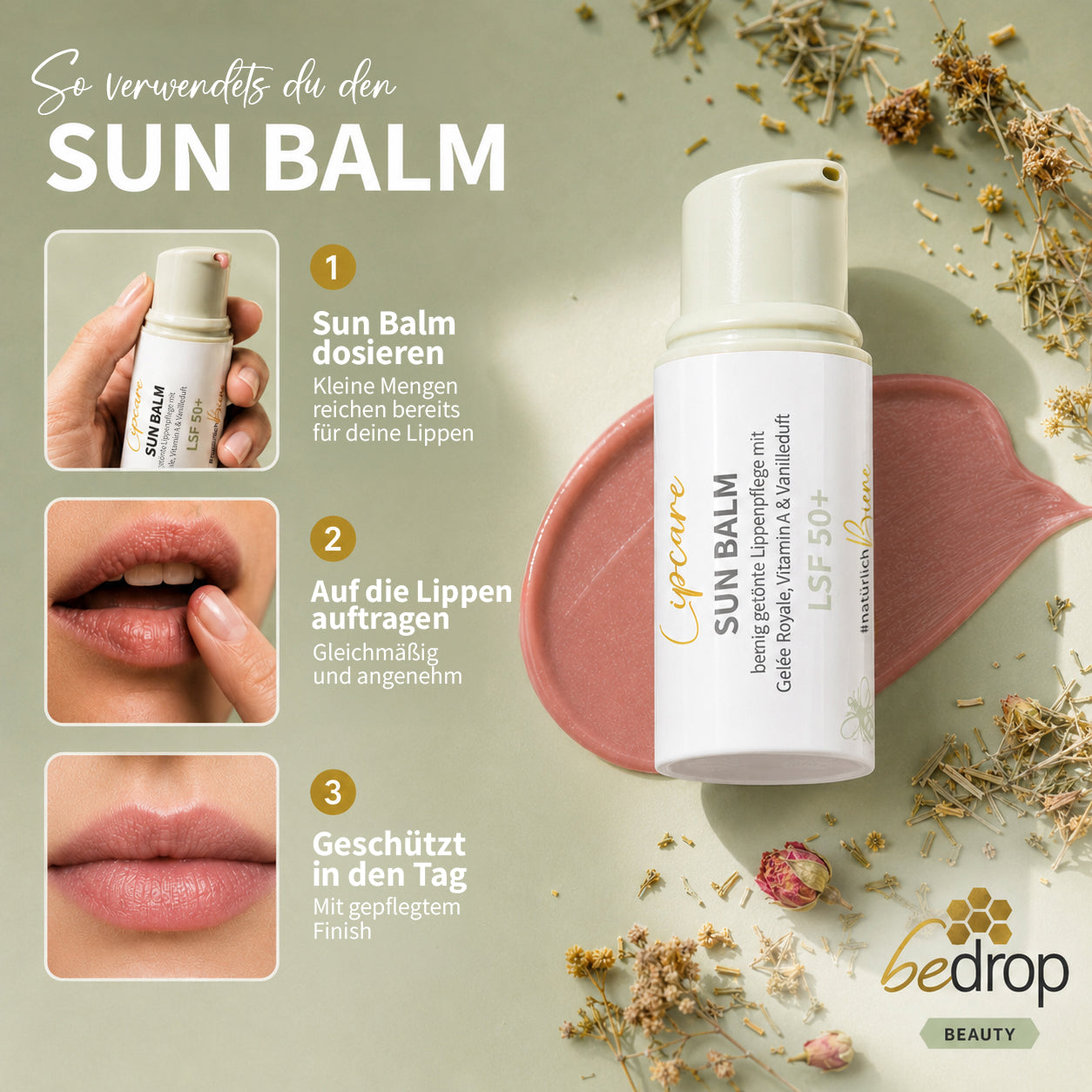 SUN BALM SPF 50+ - tinted lip balm with royal jelly & delicate vanilla fragrance
