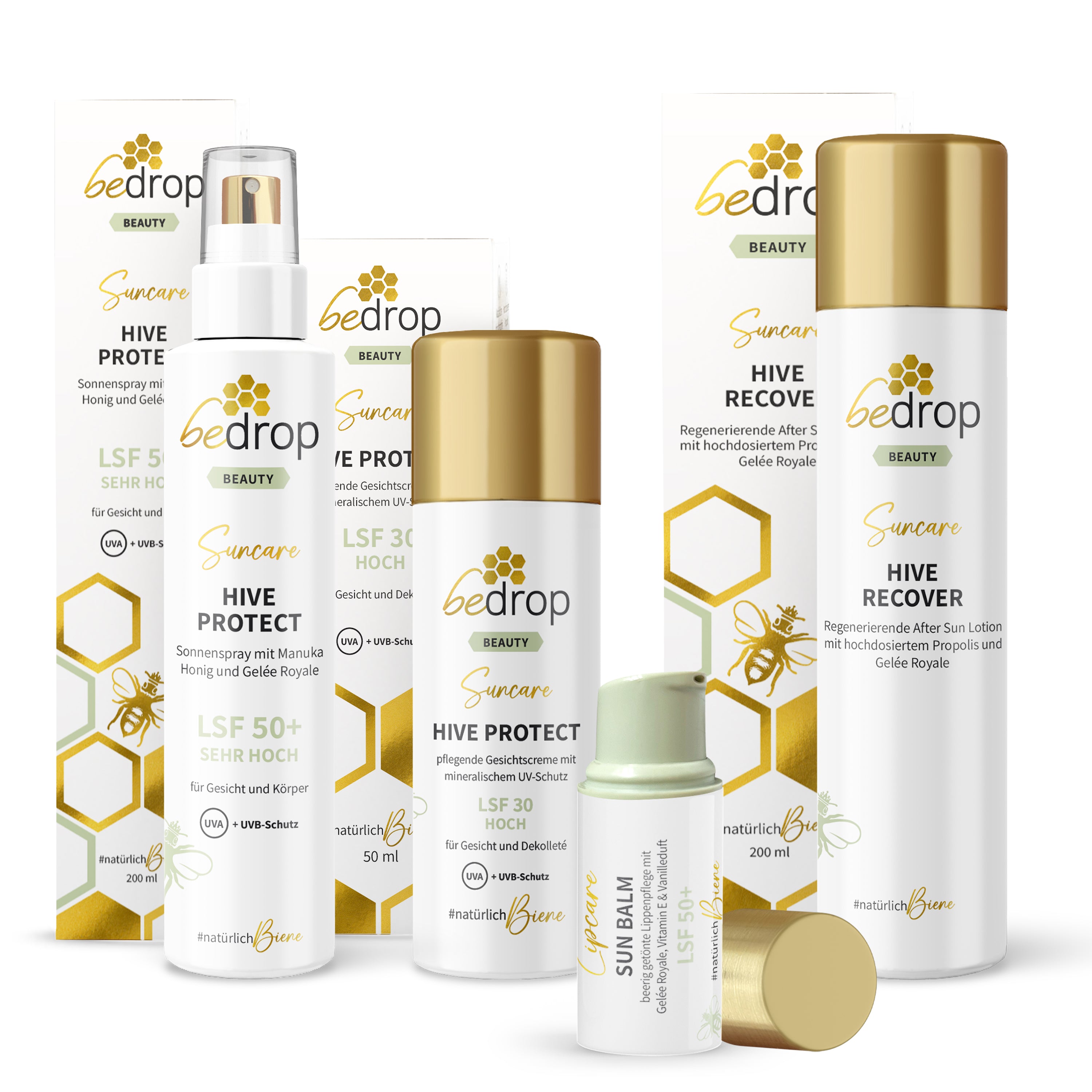 Sun Care Set: Sun Balm Lip Care, Hive Protect Face Cream/Sunscreen + Sun Spray & After-Sun, SPF 30 & SPF 50+