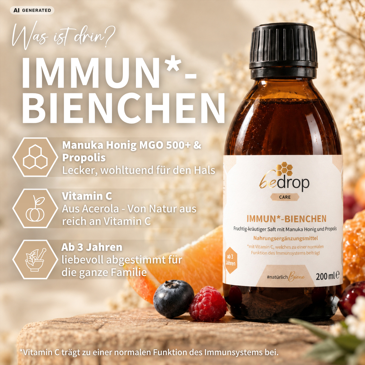 Value Pack: 3 IMMUN*-BIENCHEN - Fruity-herbal juice with Manuka honey and vitamin C from acerola / 200 ml