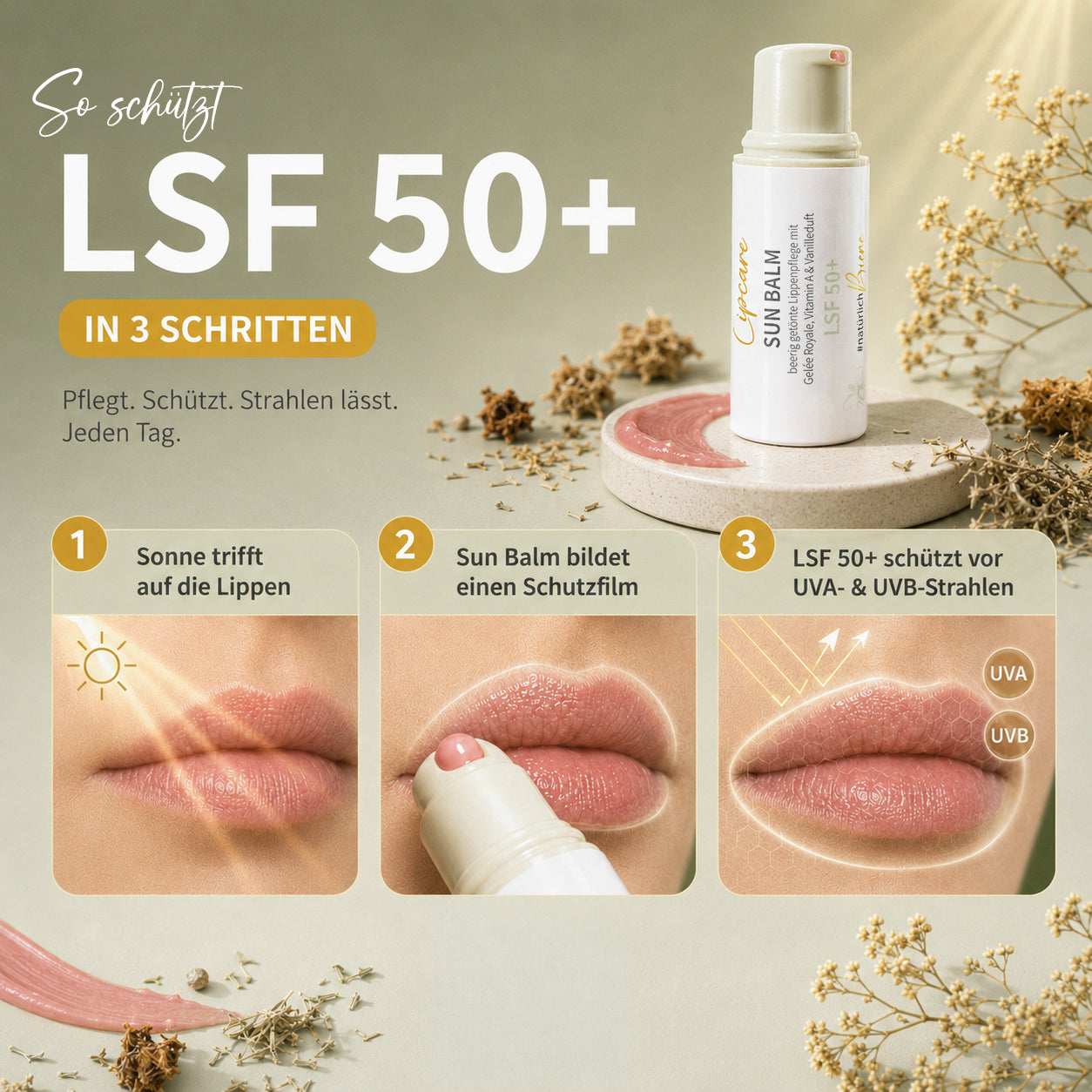 SUN BALM SPF 50+ - tinted lip balm with royal jelly & delicate vanilla fragrance
